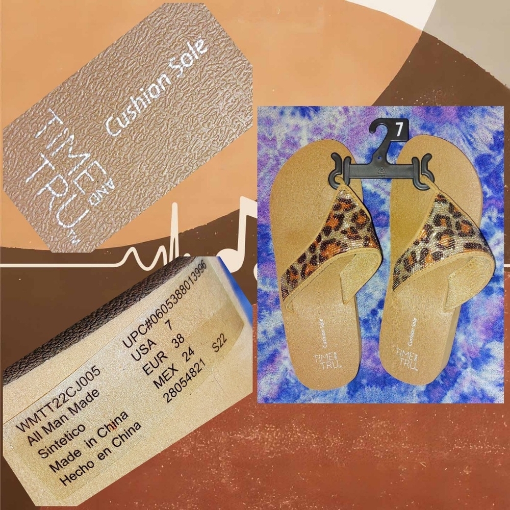 Time & Tru Cream Foam w/Shiny Leopard Print Thong Wedge Heels 7MUS|38 EUR|24 MEX